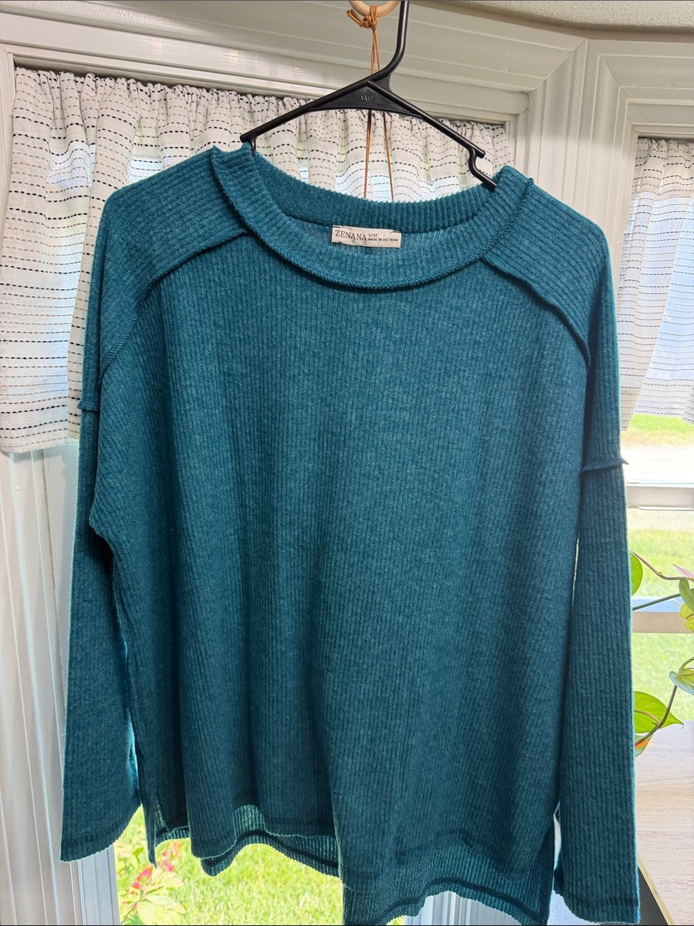 Zenana Outfitters Teal Ribbed Crewneck Sweater